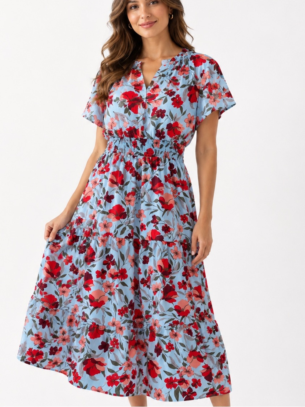 Light Blue Maxi Dress with Red Floral Print Pockets Large